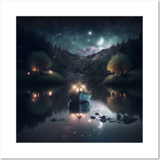 Fantastic lake landscape with boat at night Posters and Art